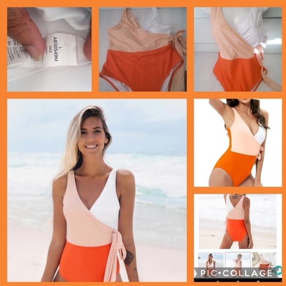 Orange,tan and white one piece swimsuit - Picture 6 of 6